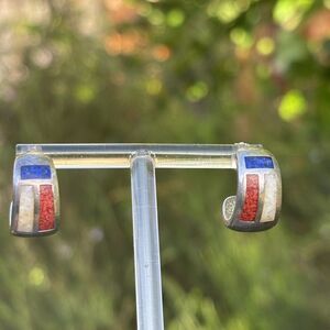 COO 925 Sterling Silver Red Coral Lapis MOP Inlay Half Hoop Earrings Mexico